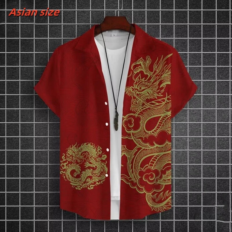 Lahe draakoni mustriga Hawaii särk meestele Hiina uusaasta 3D-prindiga lühikeste varrukatega topid vabaaja revääriga Aloha särgid lahtised pluusid