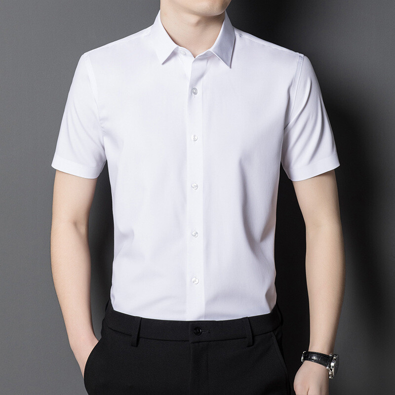 Nauji pavasario vasaros vyriški marškinėliai, nelyginami nuo raukšlių verslo kasdieniai vienspalviai elastingi, švelnūs trumpomis rankovėmis darbiniai socialiniai marškinėliai