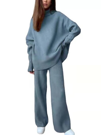 Moteriškas 2 dalių megztas aukšta apykakle šiltas rudens žiemos sportinis kostiumas ilgomis rankovėmis ir kelnių kostiumai moterims Elegantiškas kelnių kostiumas