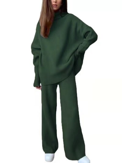 Moteriškas 2 dalių megztas aukšta apykakle šiltas rudens žiemos sportinis kostiumas ilgomis rankovėmis ir kelnių kostiumai moterims Elegantiškas kelnių kostiumas