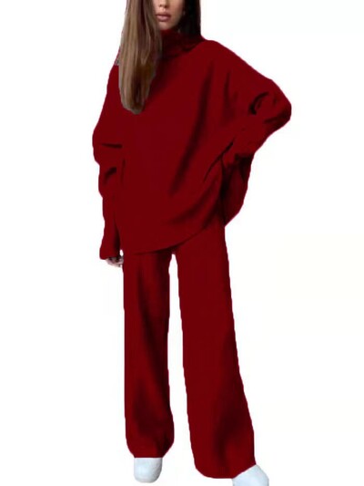 Moteriškas 2 dalių megztas aukšta apykakle šiltas rudens žiemos sportinis kostiumas ilgomis rankovėmis ir kelnių kostiumai moterims Elegantiškas kelnių kostiumas