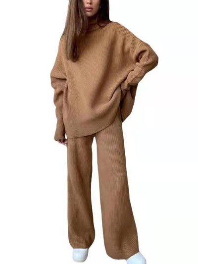 Moteriškas 2 dalių megztas aukšta apykakle šiltas rudens žiemos sportinis kostiumas ilgomis rankovėmis ir kelnių kostiumai moterims Elegantiškas kelnių kostiumas