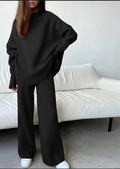 Moteriškas 2 dalių megztas aukšta apykakle šiltas rudens žiemos sportinis kostiumas ilgomis rankovėmis ir kelnių kostiumai moterims Elegantiškas kelnių kostiumas