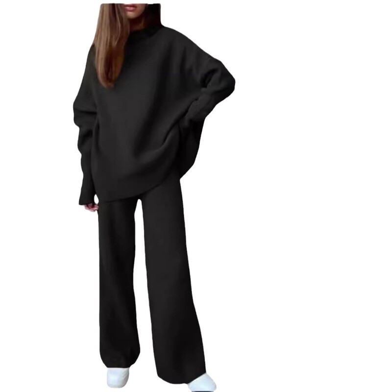 Moteriškas 2 dalių megztas aukšta apykakle šiltas rudens žiemos sportinis kostiumas ilgomis rankovėmis ir kelnių kostiumai moterims Elegantiškas kelnių kostiumas