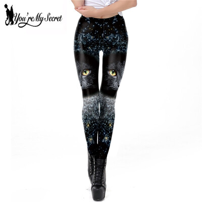 [Ти си моята тайна] Чисто нов клин за пролет лято Mysterious Starry Legging Дамски фитнес панталони с щампа с черна котка