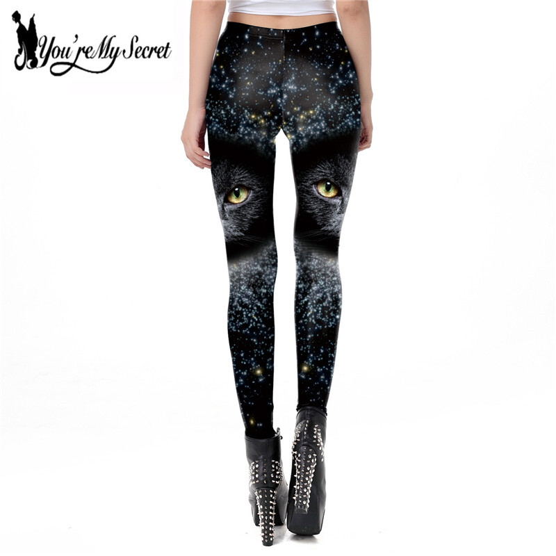 [Sa oled minu saladus] Täiesti uued retuusid kevadsuveks Salapärased tähised säärised Must kassiga trükitud retuusid Naiste fitnesspüksid