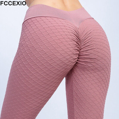 FCCEXIO suvemood Jacquard säärised Fitness Sportlikud kitsad püksid Naiste ühevärvilised Push Up kõrge vöökohaga säärised 5 värvi