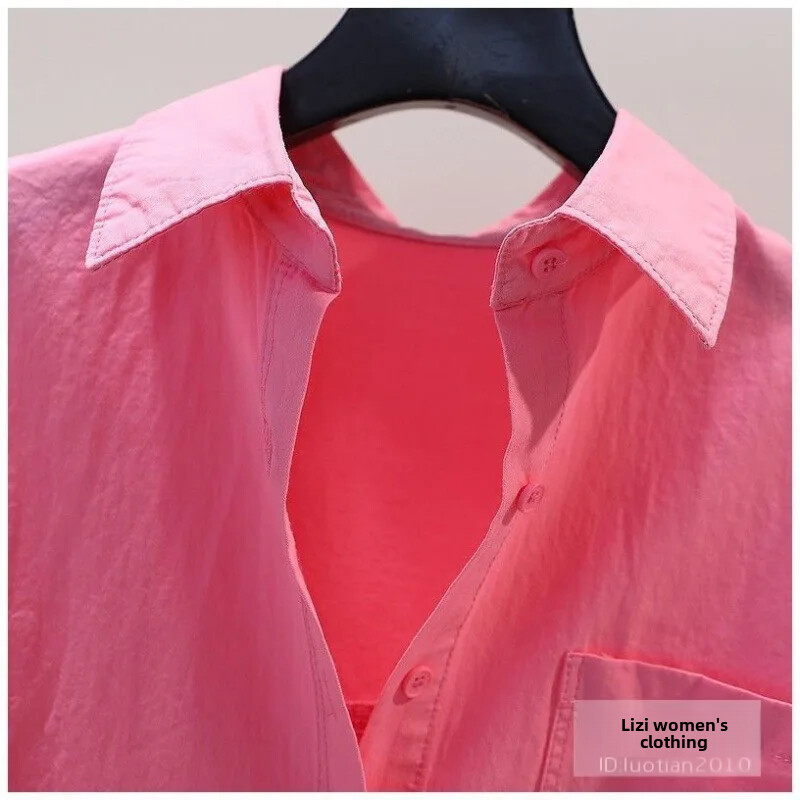 „Design Sensibility“ šoninis plyšimas, rožinės spalvos medvilninės ilgomis rankovėmis, laisvos formos megztinis, 2024 m. pavasario universalūs moteriški marškiniai