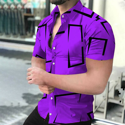 Vyriški marškiniai su geometrinėmis linijomis marginti, vasarinė laisvalaikio mada, atvartas, patogus audinys, marškiniai trumpomis rankovėmis, 2024 m.