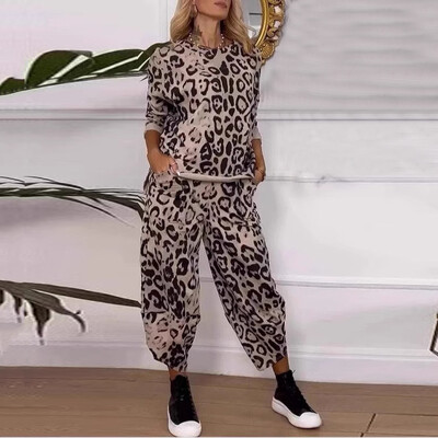 Seturi de pantaloni largi cu imprimeu leopard pentru femei 2025, ocazional, elegant, de vară, costum două piese, set complet, haine pentru femei