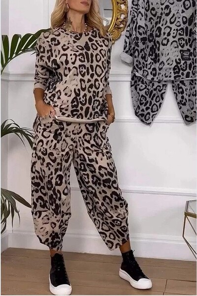 Moteriški laisvų kelnių rinkiniai su leopardo raštais, 2025 m. kasdieniai elegantiški vasariniai moteriški dviejų dalių kostiumai, moteriški drabužiai