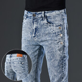 Korėjietiški ploni tamprūs džinsai vyriški mados vintažinės snaigės skalbimo mažos pėdutės motociklo kelnės Gatvės mados vyriškos džinsinės kelnės