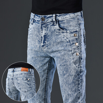 Korėjietiški ploni tamprūs džinsai vyriški mados vintažinės snaigės skalbimo mažos pėdutės motociklo kelnės Gatvės mados vyriškos džinsinės kelnės