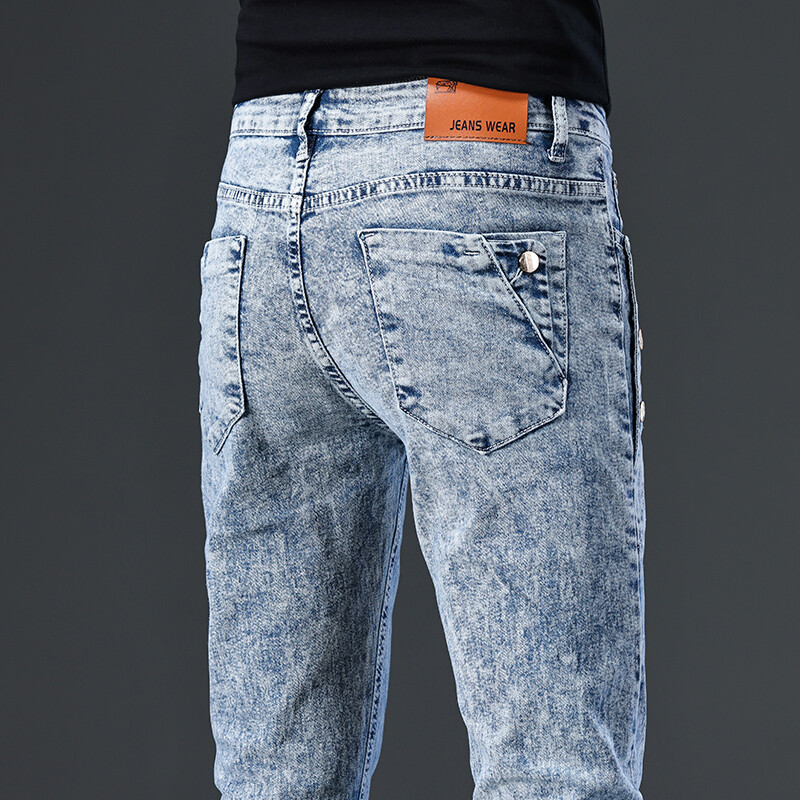 Korėjietiški ploni tamprūs džinsai vyriški mados vintažinės snaigės skalbimo mažos pėdutės motociklo kelnės Gatvės mados vyriškos džinsinės kelnės