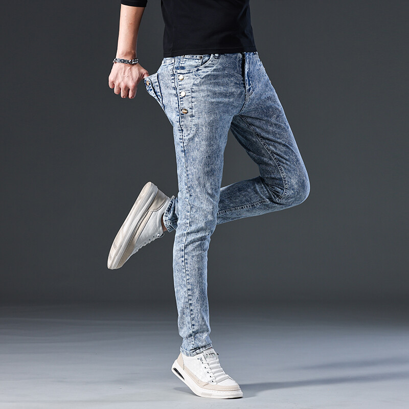 Korėjietiški ploni tamprūs džinsai vyriški mados vintažinės snaigės skalbimo mažos pėdutės motociklo kelnės Gatvės mados vyriškos džinsinės kelnės
