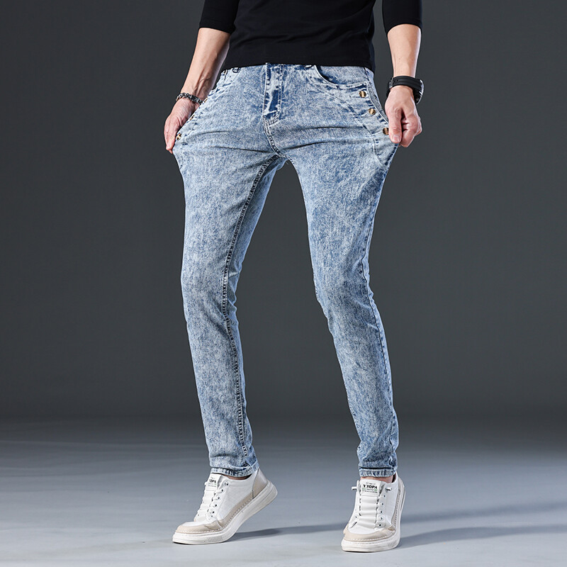 Korėjietiški ploni tamprūs džinsai vyriški mados vintažinės snaigės skalbimo mažos pėdutės motociklo kelnės Gatvės mados vyriškos džinsinės kelnės