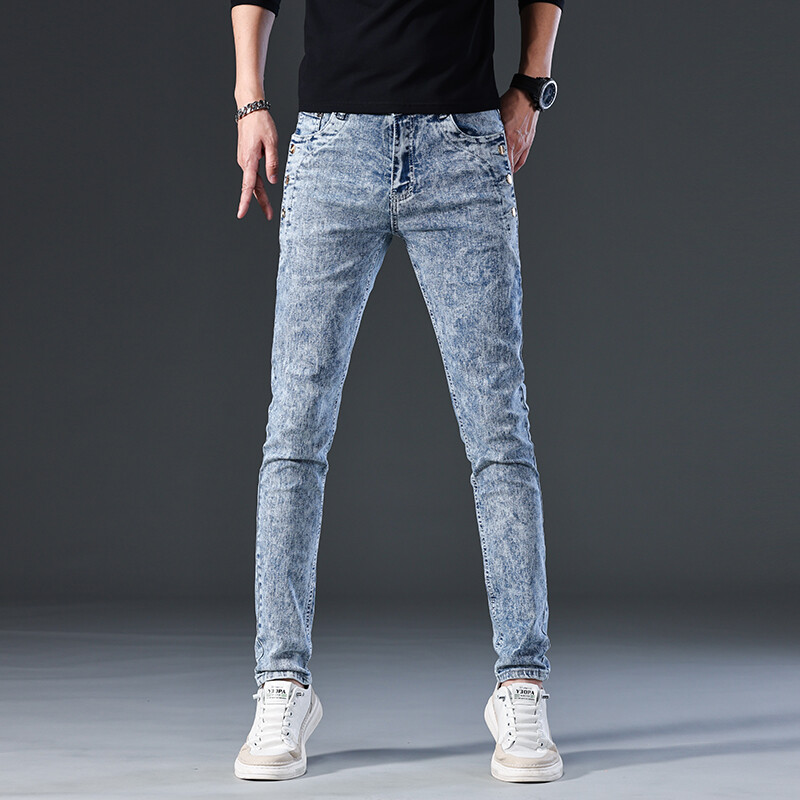 Korėjietiški ploni tamprūs džinsai vyriški mados vintažinės snaigės skalbimo mažos pėdutės motociklo kelnės Gatvės mados vyriškos džinsinės kelnės