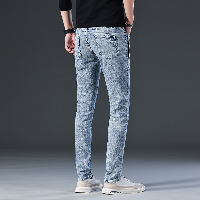 Korėjietiški ploni tamprūs džinsai vyriški mados vintažinės snaigės skalbimo mažos pėdutės motociklo kelnės Gatvės mados vyriškos džinsinės kelnės