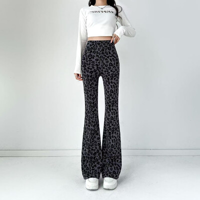 Ženske lepršave hlače s uzorkom leoparda, elastične tajice visokog struka, ležerne, proljetne, ljetne korejske uske ravne cijevi
