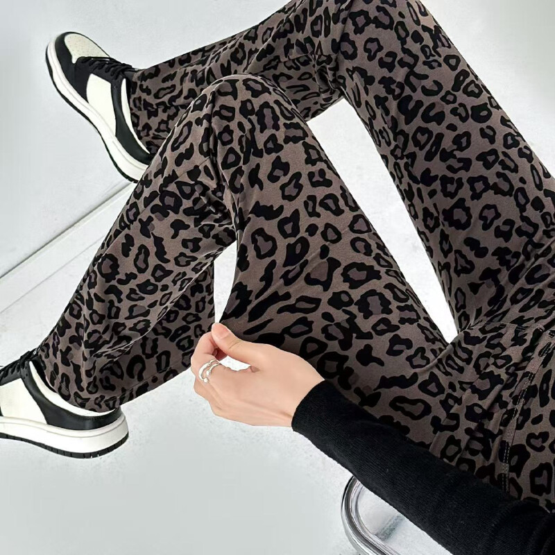 Ženske lepršave hlače s uzorkom leoparda, elastične tajice visokog struka, ležerne, proljetne, ljetne korejske uske ravne cijevi