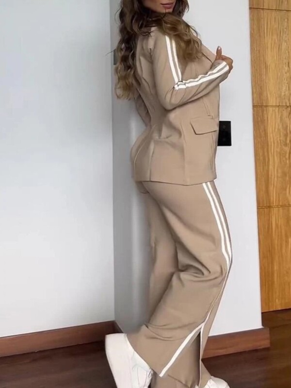 Paprastas kostiumas ilgomis rankovėmis atvartas megztinis švarkas + plačios kelnės 2 dalių komplektas moteriškas rudens mados dryžuotas kišeninis biuro kostiumas moterims