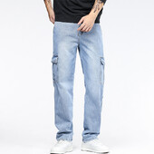 Mėlyni darbo drabužių kišeniniai džinsai vyriški plius dydžio dizaino 2024 m. sezono laisvi, tiesiomis kojomis, laisvalaikio dėvėjimui atsparūs džinsai