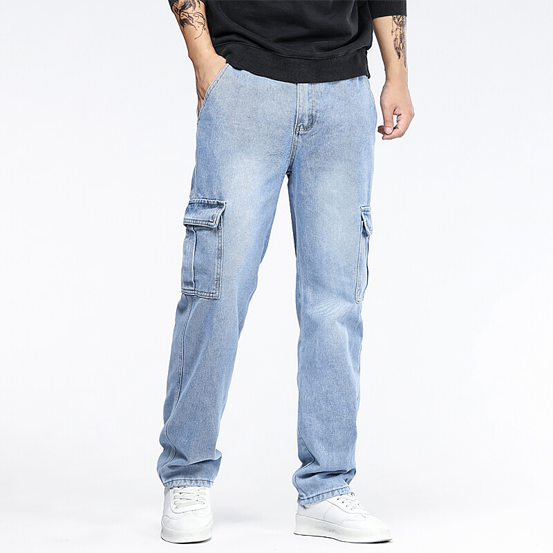 Mėlyni darbo drabužių kišeniniai džinsai vyriški plius dydžio dizaino 2024 m. sezono laisvi, tiesiomis kojomis, laisvalaikio dėvėjimui atsparūs džinsai