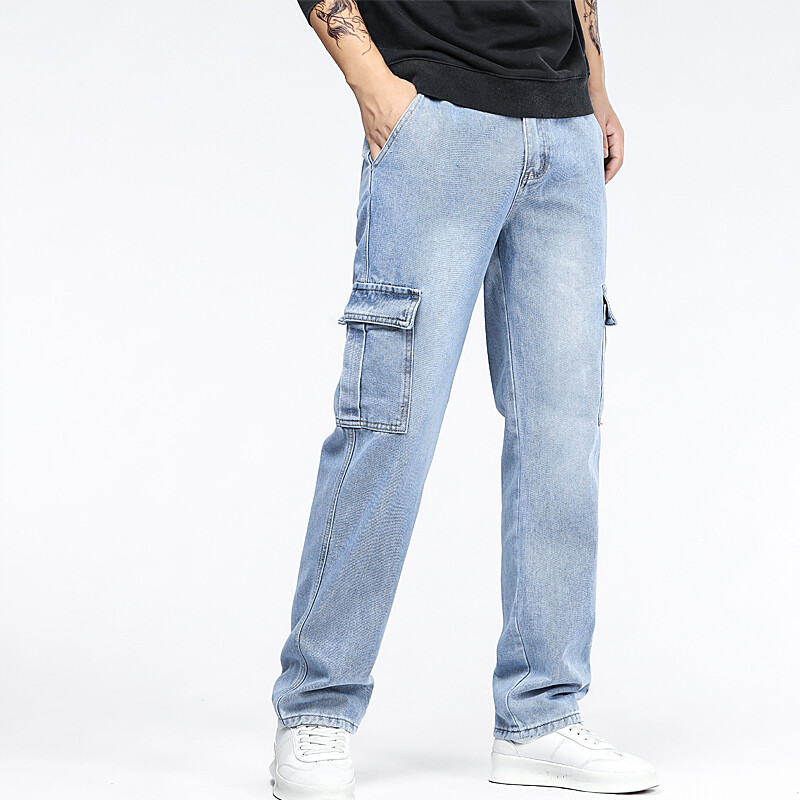 Mėlyni darbo drabužių kišeniniai džinsai vyriški plius dydžio dizaino 2024 m. sezono laisvi, tiesiomis kojomis, laisvalaikio dėvėjimui atsparūs džinsai