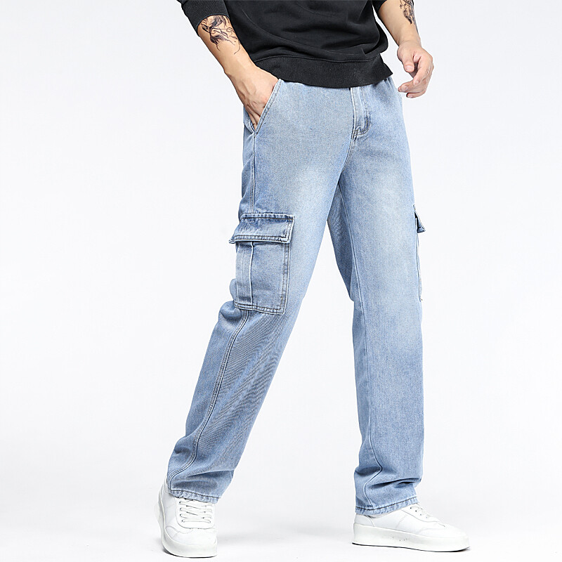 Mėlyni darbo drabužių kišeniniai džinsai vyriški plius dydžio dizaino 2024 m. sezono laisvi, tiesiomis kojomis, laisvalaikio dėvėjimui atsparūs džinsai