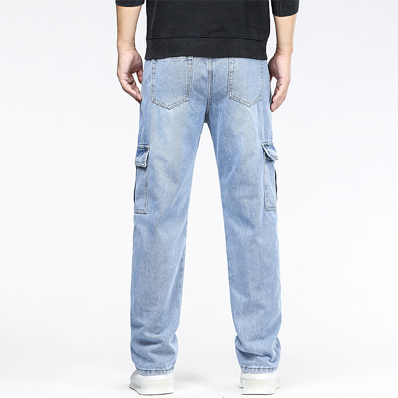Mėlyni darbo drabužių kišeniniai džinsai vyriški plius dydžio dizaino 2024 m. sezono laisvi, tiesiomis kojomis, laisvalaikio dėvėjimui atsparūs džinsai