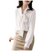 Temperamenta bantītes šifona blūze sievietēm vienkrāsains, garām piedurknēm, brīvi pieguļoši krekli V kakla izgriezumā Eleganti biroja sieviešu topi, kas brauc uz darbu