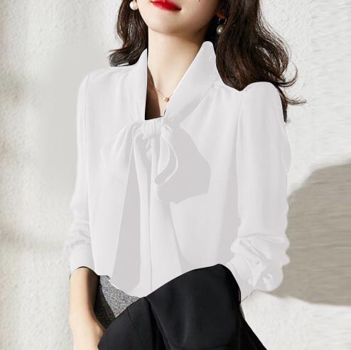 Temperamenta bantītes šifona blūze sievietēm vienkrāsains, garām piedurknēm, brīvi pieguļoši krekli V kakla izgriezumā Eleganti biroja sieviešu topi, kas brauc uz darbu