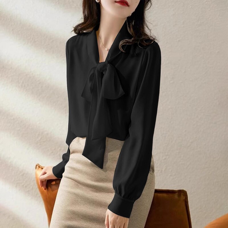 Temperamenta bantītes šifona blūze sievietēm vienkrāsains, garām piedurknēm, brīvi pieguļoši krekli V kakla izgriezumā Eleganti biroja sieviešu topi, kas brauc uz darbu
