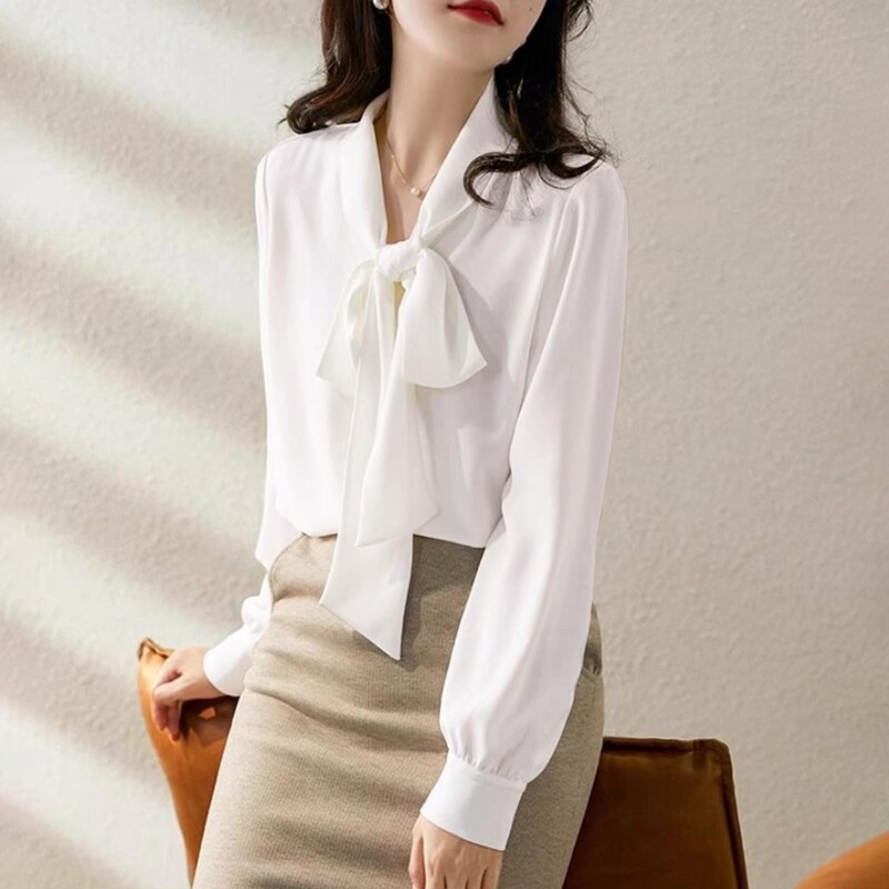 Temperamenta bantītes šifona blūze sievietēm vienkrāsains, garām piedurknēm, brīvi pieguļoši krekli V kakla izgriezumā Eleganti biroja sieviešu topi, kas brauc uz darbu