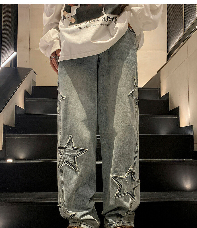 Jaunas modes Piecstaru zvaigžņu džinsi Vīriešu ar augstu vidukli Vintage Streetwear Vīriešu bikses Baggy ziemas platām kājām džinsi džinsa vīriešu apģērbi