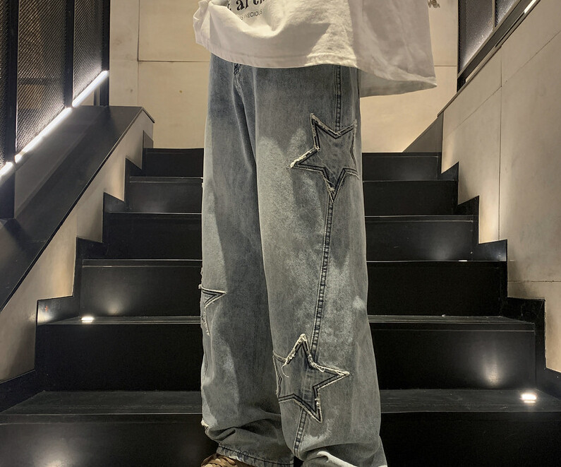 Jaunas modes Piecstaru zvaigžņu džinsi Vīriešu ar augstu vidukli Vintage Streetwear Vīriešu bikses Baggy ziemas platām kājām džinsi džinsa vīriešu apģērbi