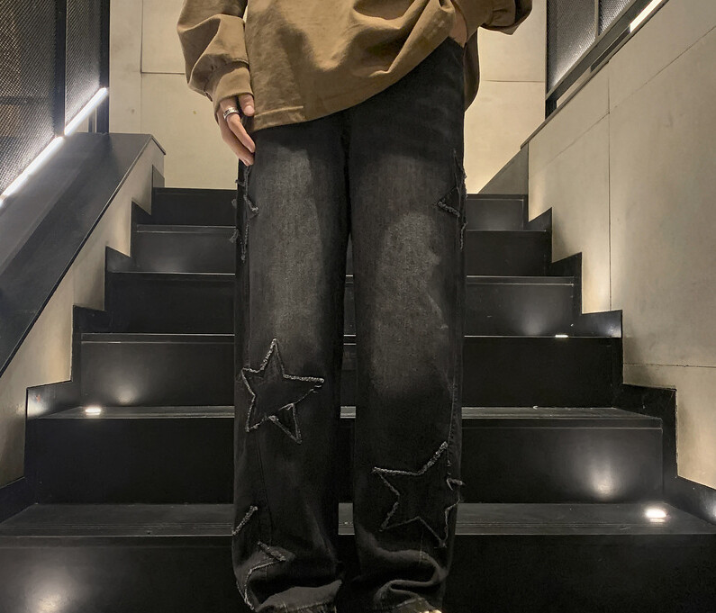 Jaunas modes Piecstaru zvaigžņu džinsi Vīriešu ar augstu vidukli Vintage Streetwear Vīriešu bikses Baggy ziemas platām kājām džinsi džinsa vīriešu apģērbi