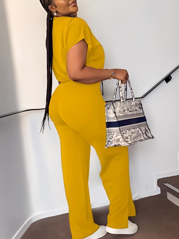 Naiste vabaaja ümara kaelusega pingutusnöör lühikeste varrukatega ülaosa ja kõrge vöökohaga pükstekomplekt, suvine soliidne kaheosaline ülikonnakomplekt, rõivakomplekt naistele