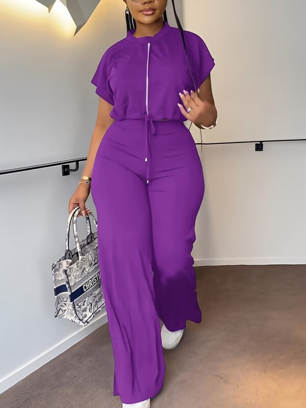 Naiste vabaaja ümara kaelusega pingutusnöör lühikeste varrukatega ülaosa ja kõrge vöökohaga pükstekomplekt, suvine soliidne kaheosaline ülikonnakomplekt, rõivakomplekt naistele