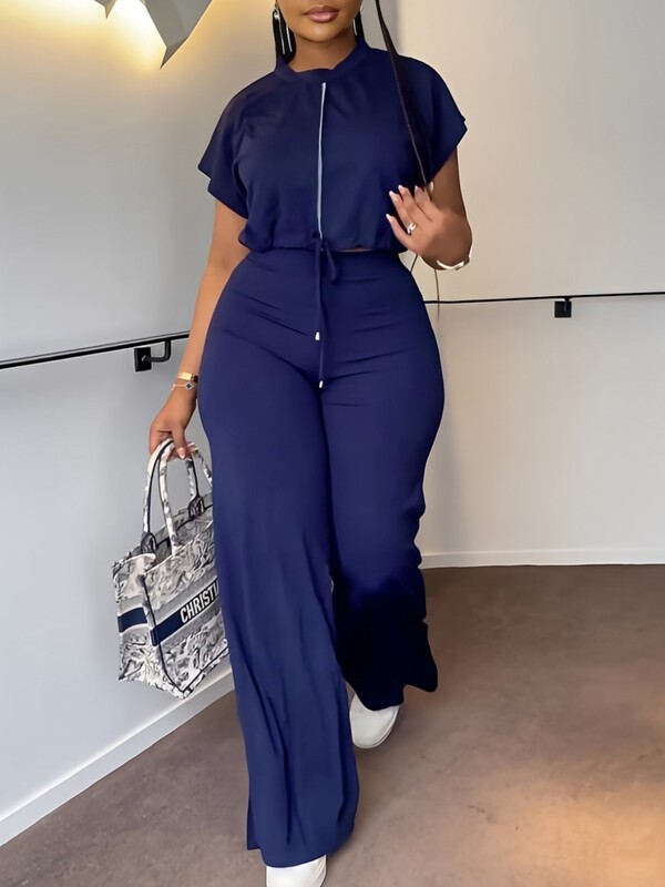 Naiste vabaaja ümara kaelusega pingutusnöör lühikeste varrukatega ülaosa ja kõrge vöökohaga pükstekomplekt, suvine soliidne kaheosaline ülikonnakomplekt, rõivakomplekt naistele