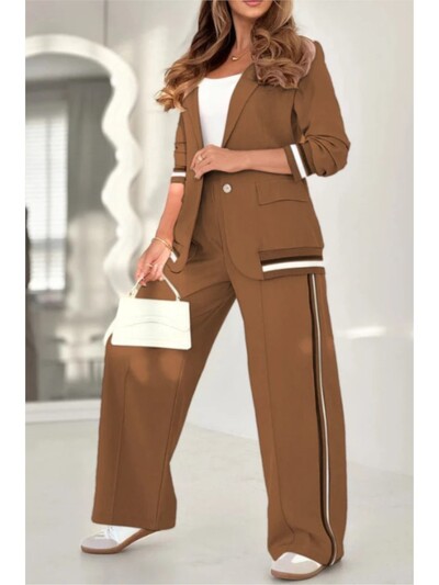 Proljetne i jesenske široke patchwork prugaste jakne hlače Žensko 2-dijelno modno retro jednostavno odijelo s ovratnikom Žensko uredsko odijelo 2025.