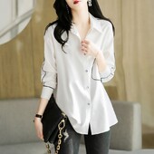 Keskmise pikkusega valge pikkade varrukatega särk Kevad-sügis, uus vabaaja reisimine avara pluusiga Topid Professionaalsed moerõivad naistele