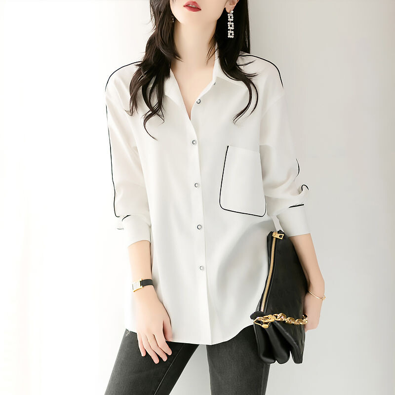 Keskmise pikkusega valge pikkade varrukatega särk Kevad-sügis, uus vabaaja reisimine avara pluusiga Topid Professionaalsed moerõivad naistele