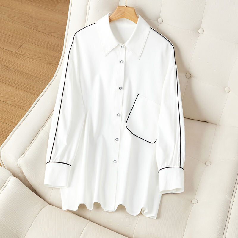 Keskmise pikkusega valge pikkade varrukatega särk Kevad-sügis, uus vabaaja reisimine avara pluusiga Topid Professionaalsed moerõivad naistele