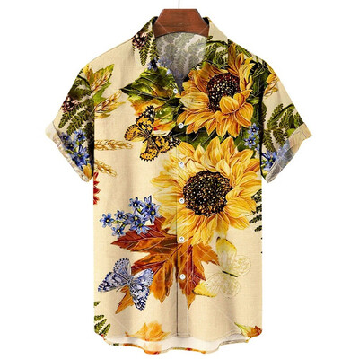 Vyriški marškiniai saulėgrąžomis marginti atlapais marškiniai vyriški madingi lininiai trumpomis rankovėmis
