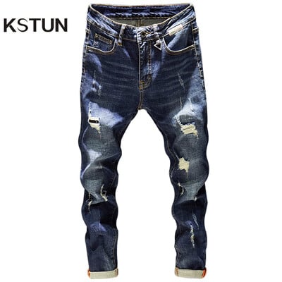 Мъжки скъсани дънки Slim Fit Dark Blue Пролет Есен Destroyed Torn Stylish Moto Biker Jeans Denim Pants Men Hip Hop Streetwear