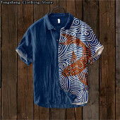 Vīriešu ar īsām piedurknēm lina apdrukāts krekls karpas apdruka japāņu populārs retro brīvdienu ikdienas ikdienas apģērbs liela izmēra XS-5XL