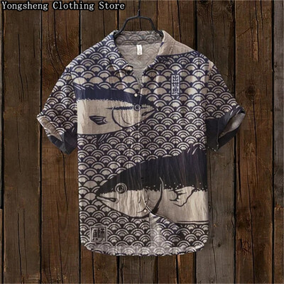Vīriešu ar īsām piedurknēm lina apdrukāts krekls karpas apdruka japāņu populārs retro brīvdienu ikdienas ikdienas apģērbs liela izmēra XS-5XL