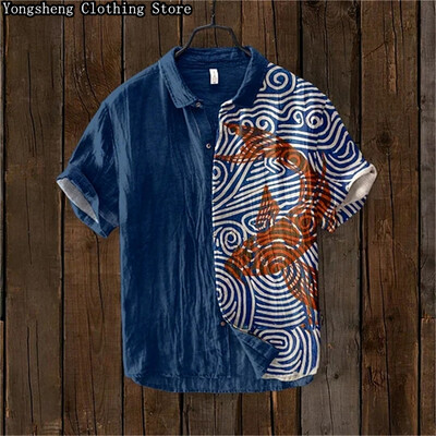 Vīriešu ar īsām piedurknēm lina apdrukāts krekls karpas apdruka japāņu populārs retro brīvdienu ikdienas ikdienas apģērbs liela izmēra XS-5XL
