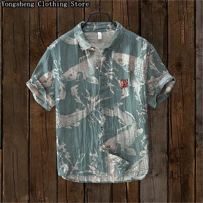 Vīriešu ar īsām piedurknēm lina apdrukāts krekls karpas apdruka japāņu populārs retro brīvdienu ikdienas ikdienas apģērbs liela izmēra XS-5XL